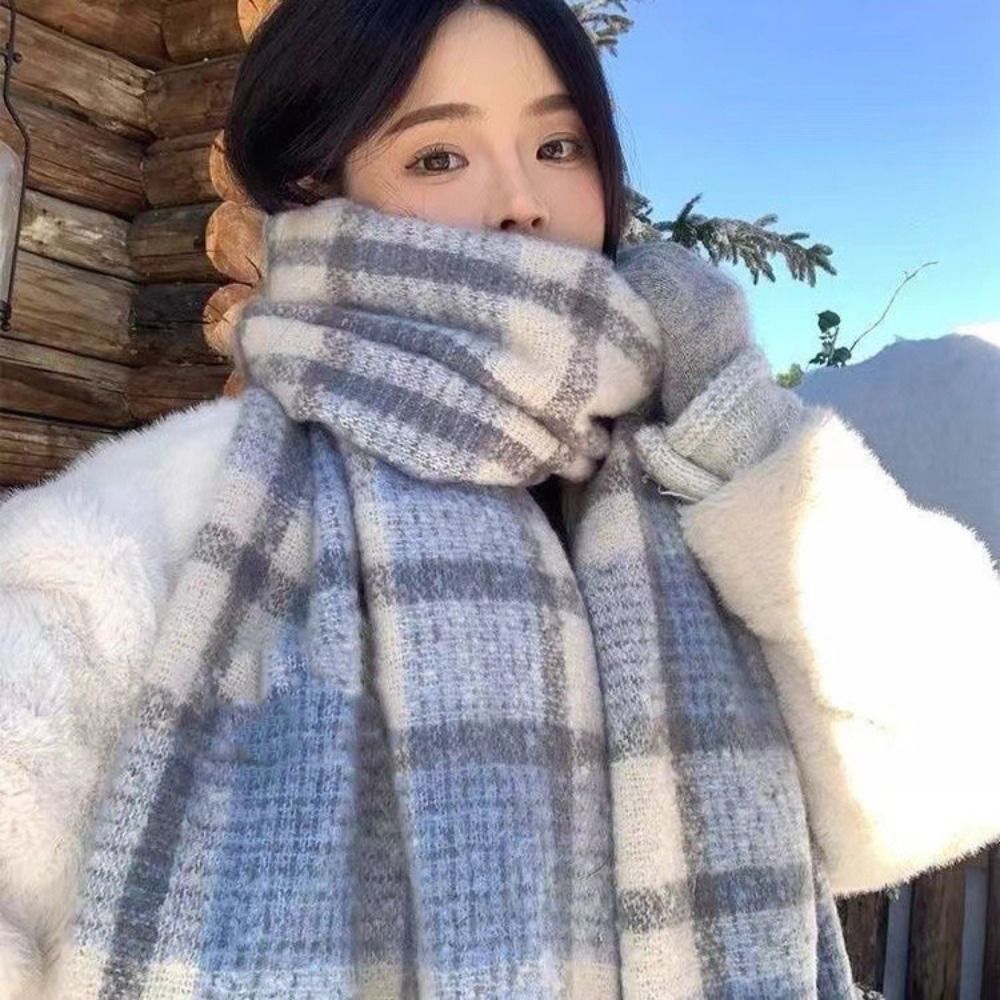 Elegant Mohair Plaid Wool Scarf Tassel Winter Cashmere Scarves Thicken Warm Long Shawl Women/Men