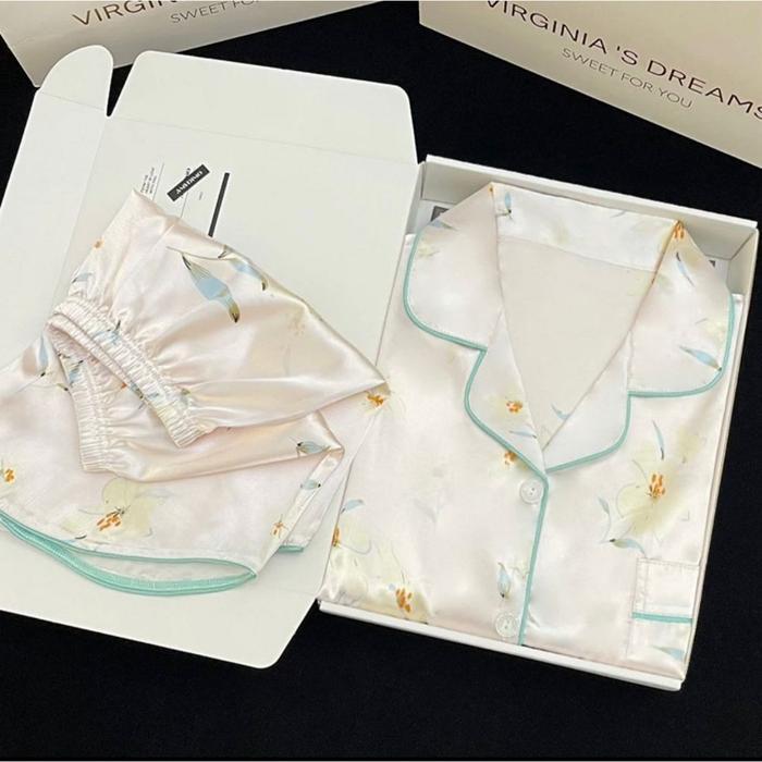 FH Baju Tidur Piyama Sutra Untuk Wanita / Piyama Sutra Tipis Pola Bunga Dan Burung Gaya Cina /