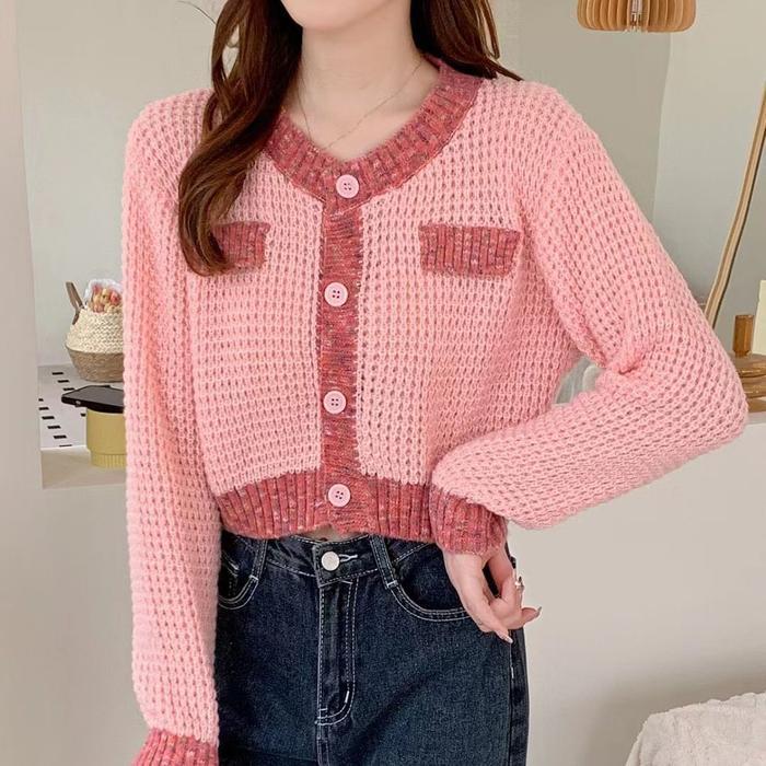 JOVELINE - CARDIGAN CROP LIST RAINBOW ROUND NECK KANCING BULAT Baju Panjang