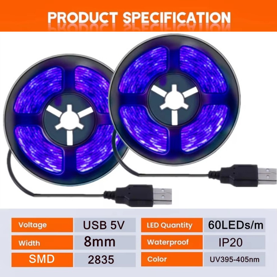 UV LED Strip Light Flexible 2835 SMD 5V Purple 395-405nm Ultraviolet Black LED Light Strip For
