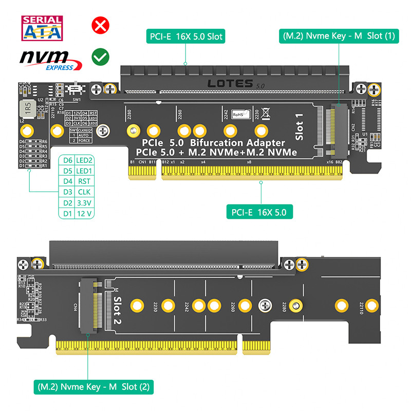 PCIE5.0 Bifurcation Adapter PCI-E Split Card PCI Express X16 to Dual NVME + PCIE X16 (PCIE X8