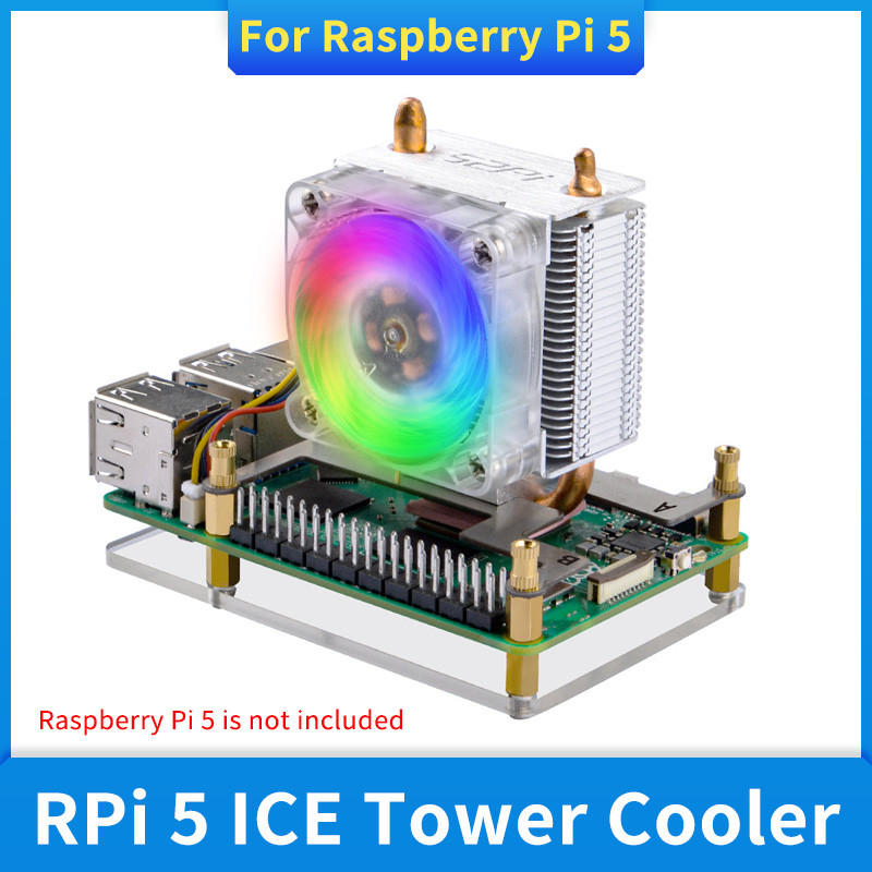 Raspberry Pi 5 ICE Tower Cooler Pure Copper Heat Pipe CPU Radiator RGB LED Light 4cm Cooling Fan
