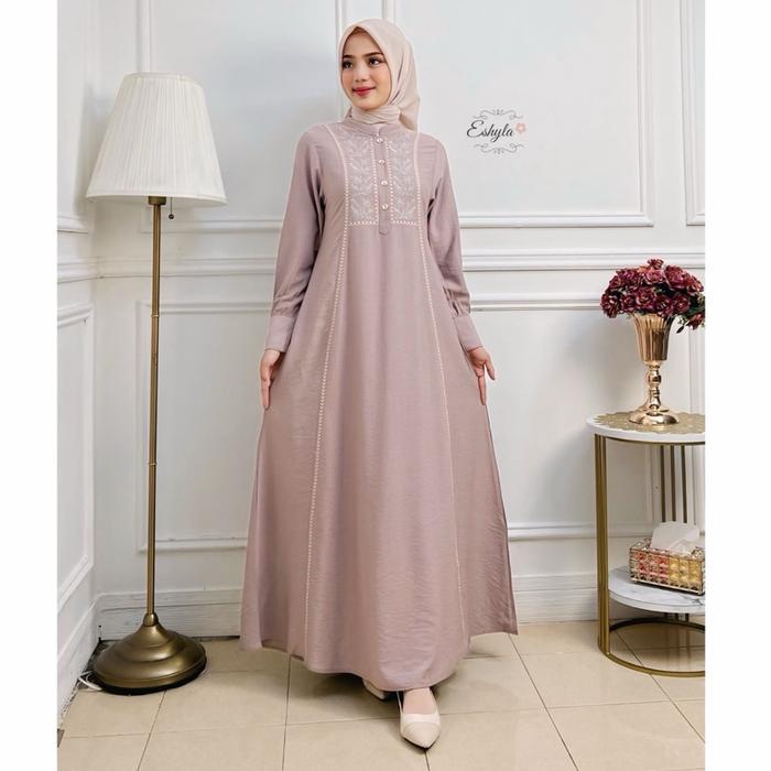 Shafia Dress By. Eshyla - Gamis Bordir Premium Linen Crinkle Import