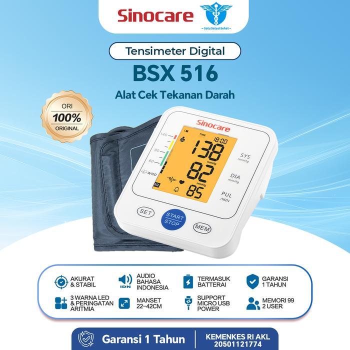 Sinocare Bsx516 Tensimeter Digital Otomatis Type C Audio Bahasa Indonesia, 3 Indikator Warna, 2 User