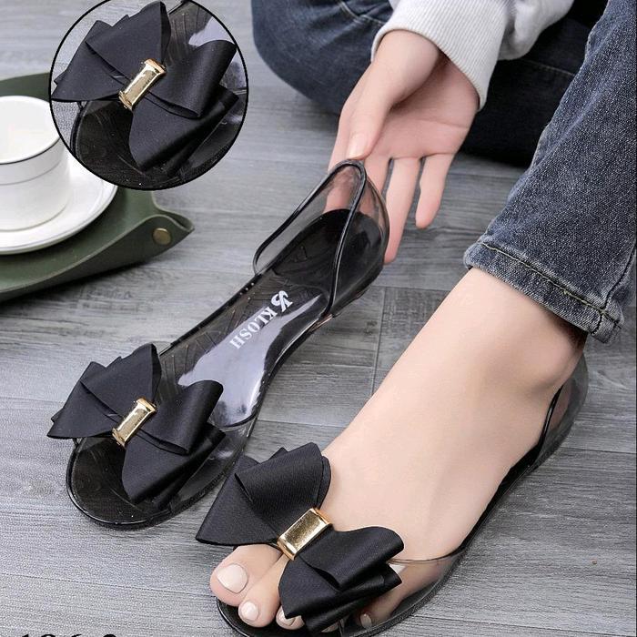 Sepatu Flatshoes Wanita Jelly Import Bening Transparan Motif Pita Dobel Gold