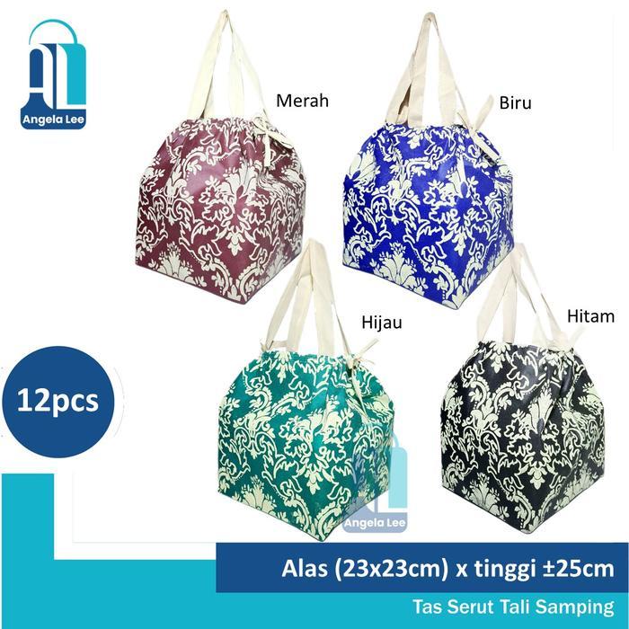 12Pcs Tas Kain Serut Tali Samping Motif Batik Muat 2Box Nasi Kotak 22 Syukuran Acara