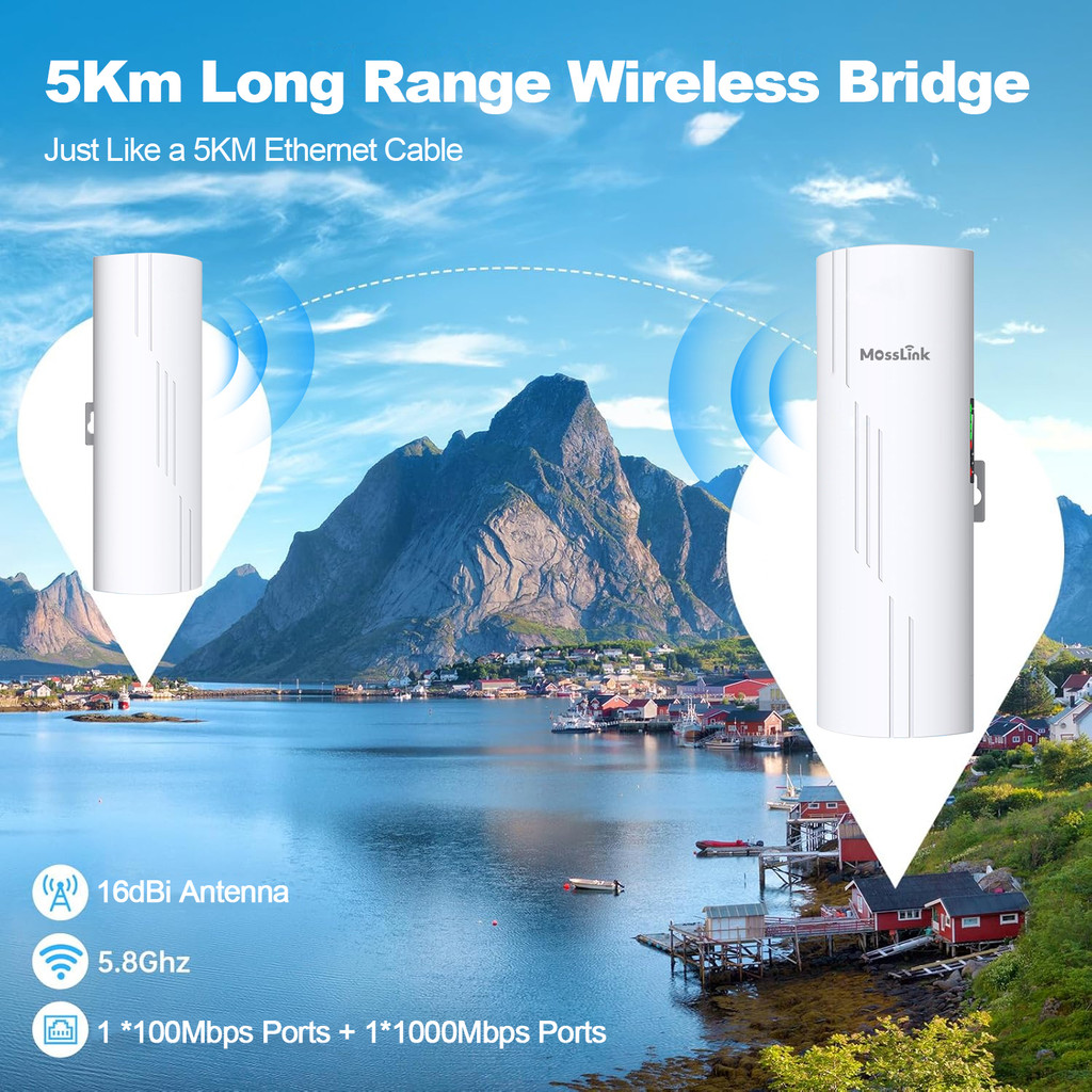 Mosslink Outdoor WiFi Bridge 5KM Long Rang Network Monitoring CPE Point to Point WIFI Signal