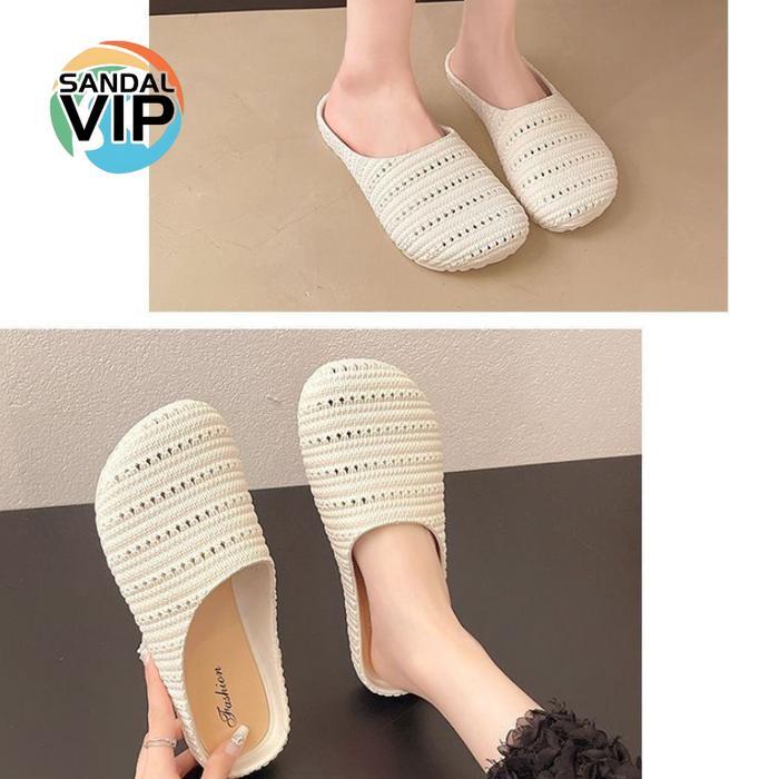 Sandal Slop Anti Slip Sendal Karet Sandal Flat Jaring Jaring Sandal Templek Kekinian Wanita Selop