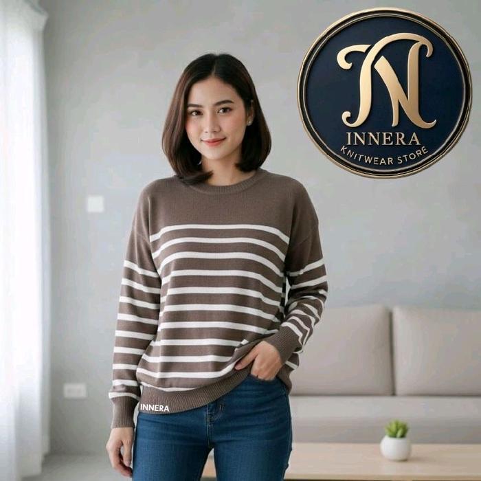 Melisa Sweater Rajut Wanita Dan Pria Knitwear Tebal Motif Garis Garis Salur Pasti Promo