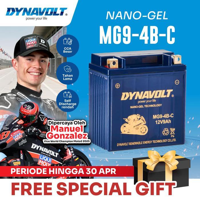 ASLI DYNAVOLT Aki Motor untuk Suzuki Thunder 125/250, dll Aki Nano-Gel MG9-4B-C 9 AH 225 CCA READY