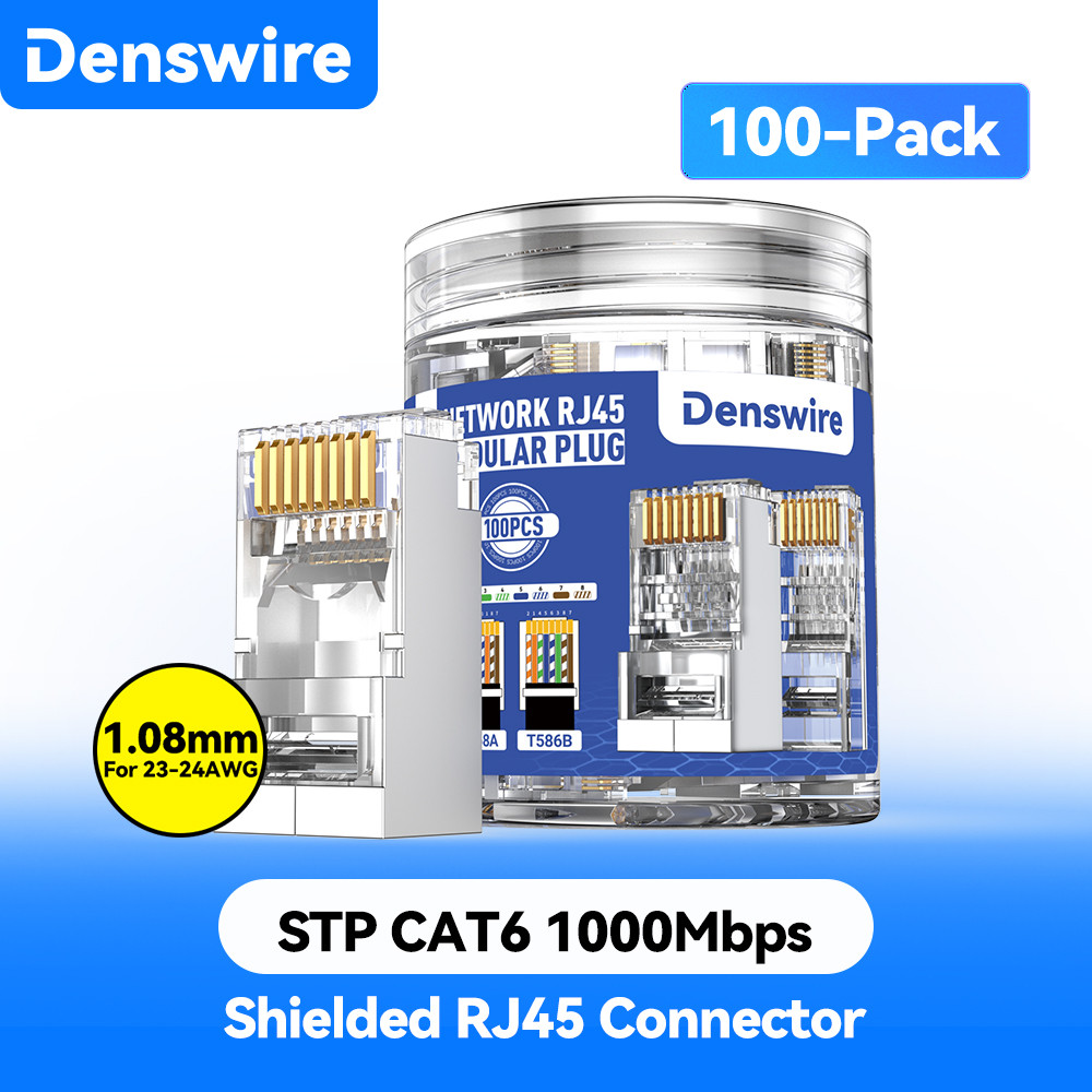Denswire STP RJ45 Cat6 Pass-Through Connectors, FTP Crimp Modular Plugs, 3-Prong for Solid and