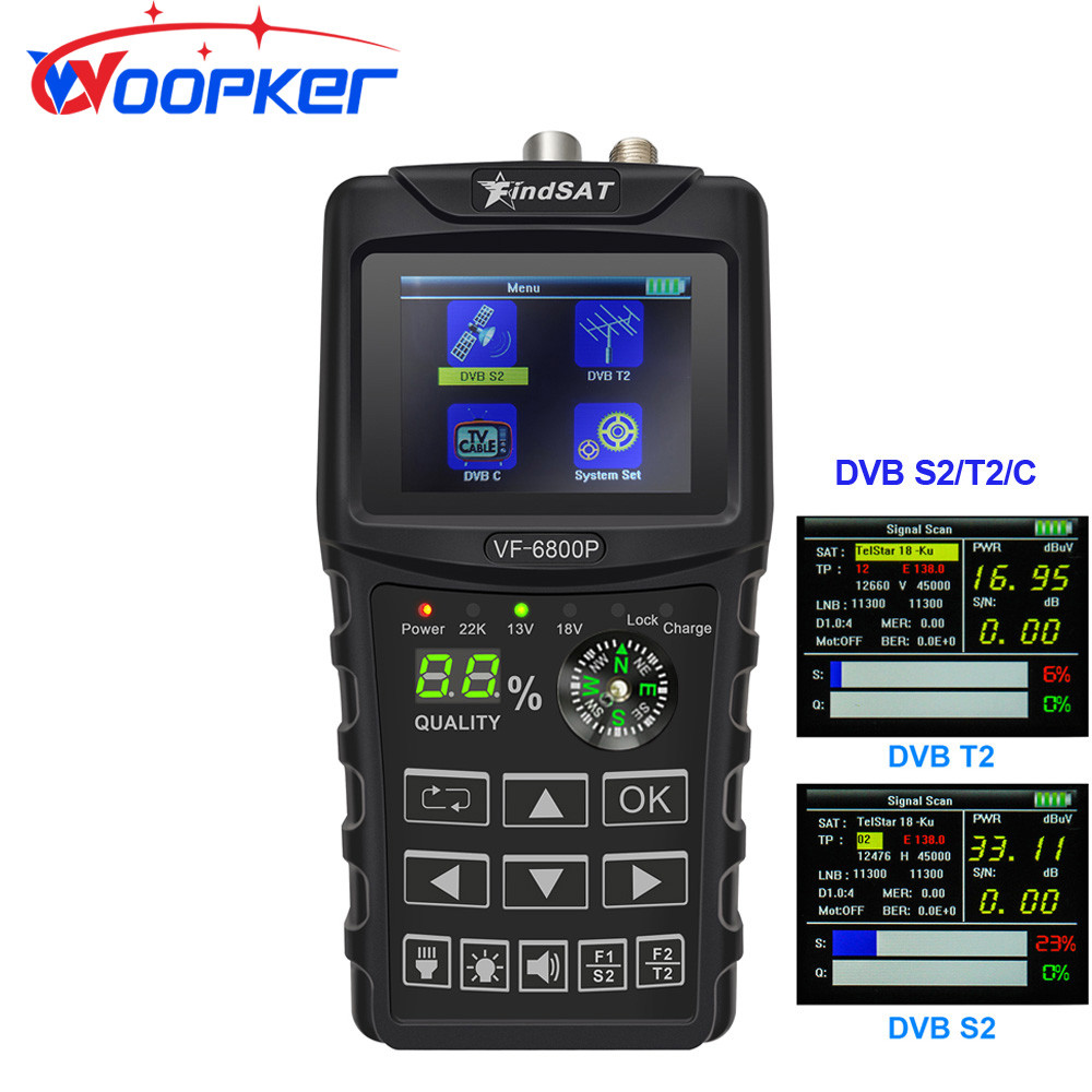 Baru Woopker VF6800P Digital Sat Finder Combo Support DVB T2/S2/C Sat Finder Satellite TV Receiver D