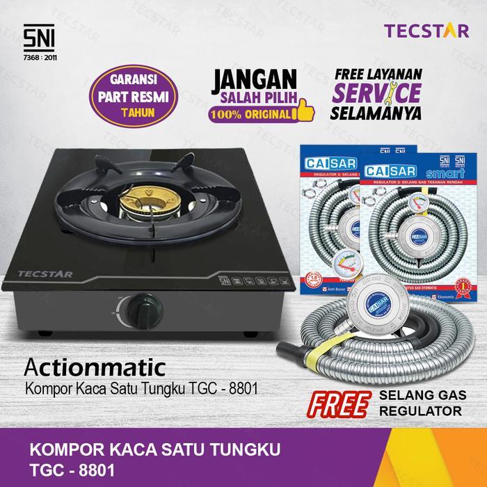 TECSTAR Kompor Gas Kaca TGC-8801 Actionmatic Satu Tungku dengan Gratis Selang & Regulator Gas SNI