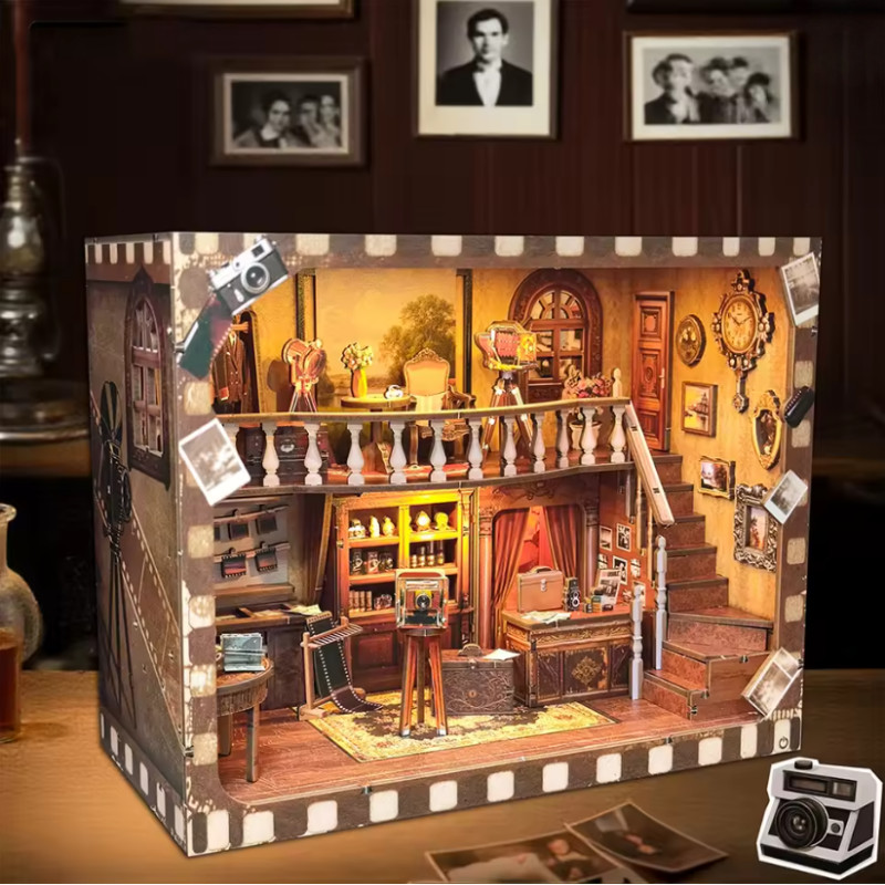 OUZEY Vintage Photo Studio DIY Miniature House - Nostalgic Wooden Model Building Kit for Teens &