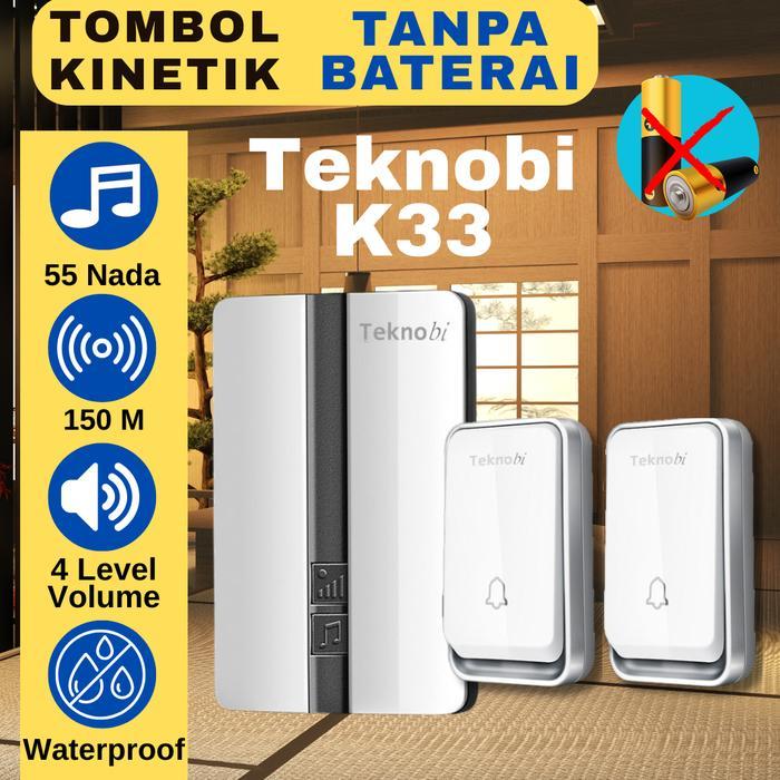 Teknobi Bel Rumah Wireless Kinetik K33 2 Transmitter Tanpa Baterai Tahan Air Ip44 Dengan Lampu Led