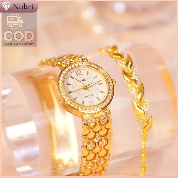 Nubri COD Set Jam Tangan Wanita Gelang Kemewahan Warna Emas Bentuk Daun Dial Dan Tali Jam Berhiaskan