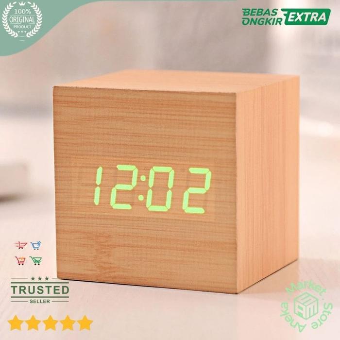 Jam LED Kayu Wooden Cube Digital Clock