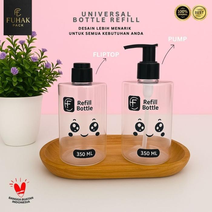 FUHAK PACK - Botol Refill 1000ml & 350ml Botol Sabun, Shampoo, Lotion Tutup Pump & Fliptop Lucu