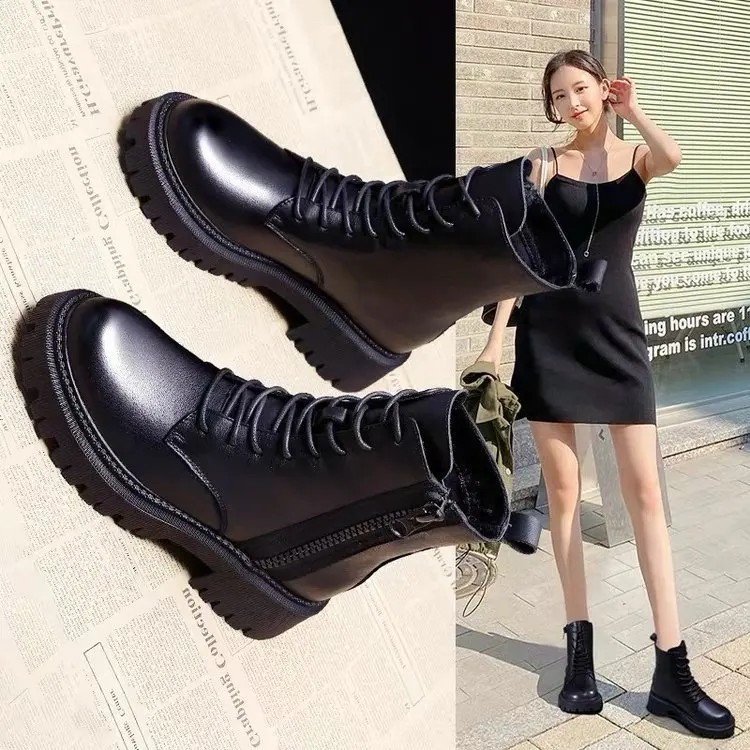 Sepatu Boots Wanita Panjang Sedang Warna Hitam Anti Slip Trendi dengan Hak Tebal untuk Gaya Kasual
