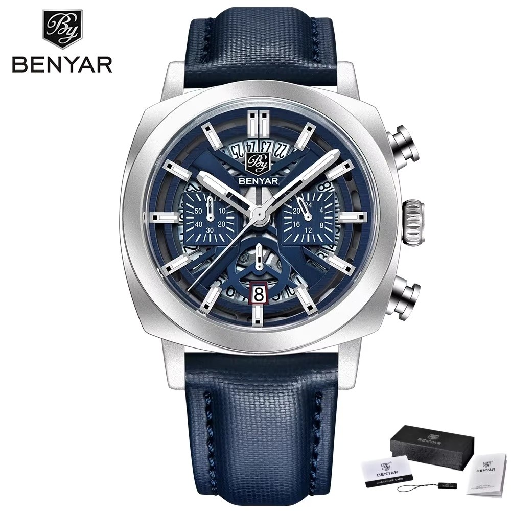 BENYAR 5205 Men's Sports Leather Quartz Movement Design Watch Water Resistant Anti-Reflective