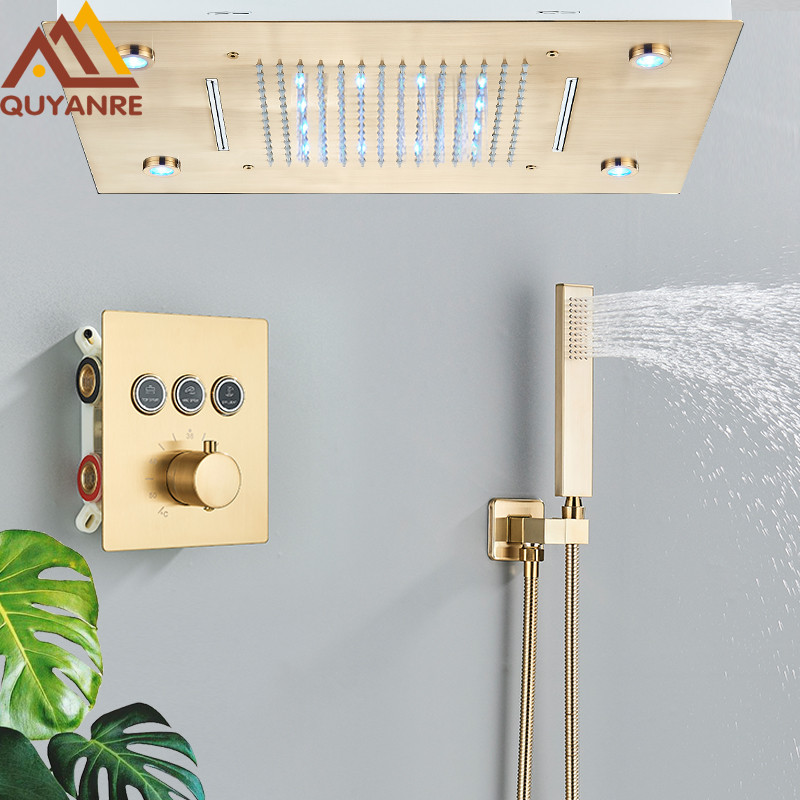 Brushed Gold LED Thermostatic Shower System Rain Waterfall Shower Remote Control Smart Shower Faucet