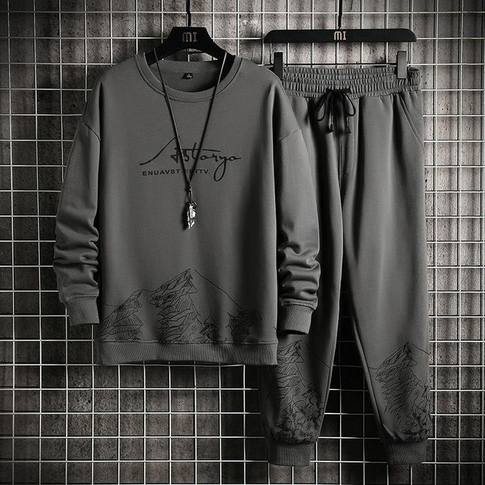 STELAN RETTV - satu set baju + jogger Panjang Sweater Polos Crewneck Pria Hitam Cowok Keren