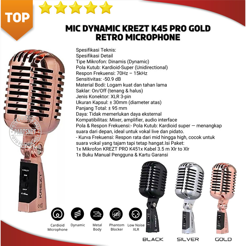 Mik Microphone Kabel KREZT K45 Pro Professional Dynamic Mic Vocal GOLD