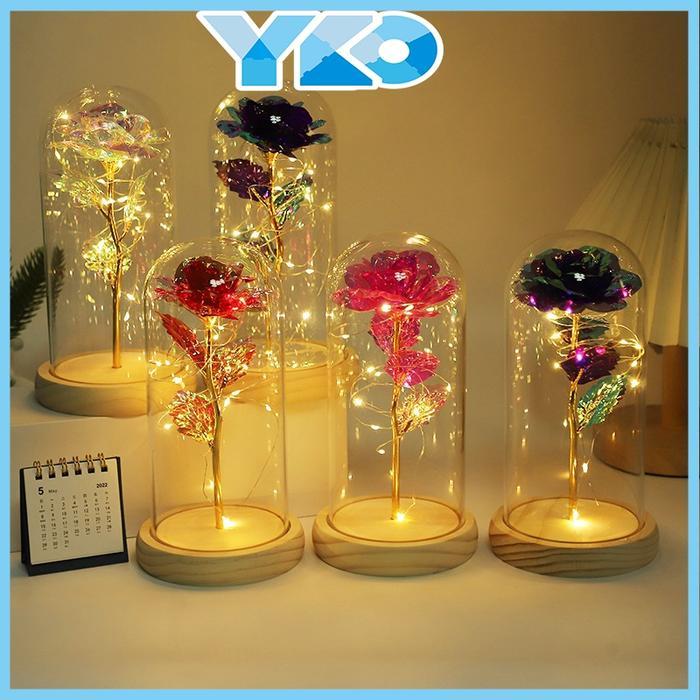 YKO LAMPU LED DIY BUNGA MAWAR PLASTIK BEAUTY AND THE BEAST ROSE VALENTINE HADIAH BOTANY LIGHT HIASAN