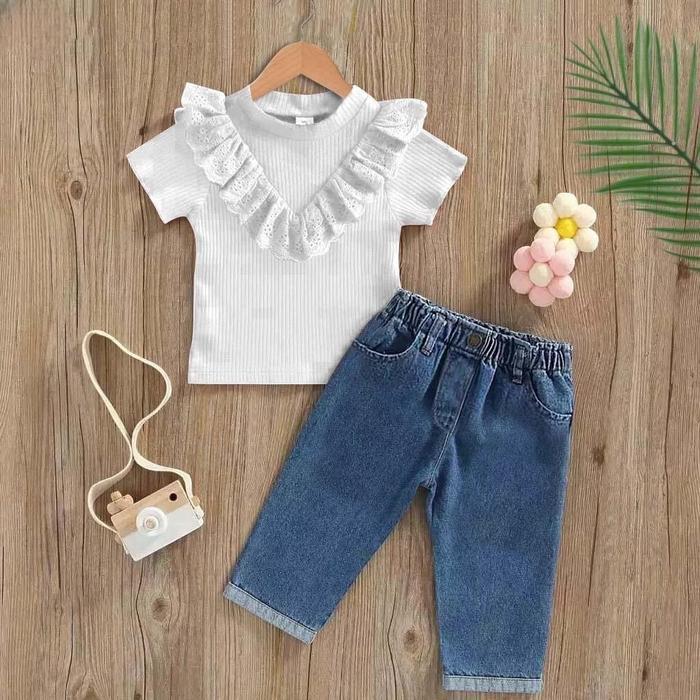 Setelan Anak Perempuan Kaos Knit Renda Dada Celana Jeans Denim Panjang Usia 1-5 Tahun - Baju