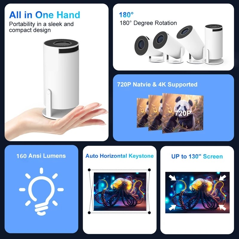 Portable Mini Bluetooth Smart Home Projector HDR10 4K Support Dual Band WiFi6 Bluetooth Projector