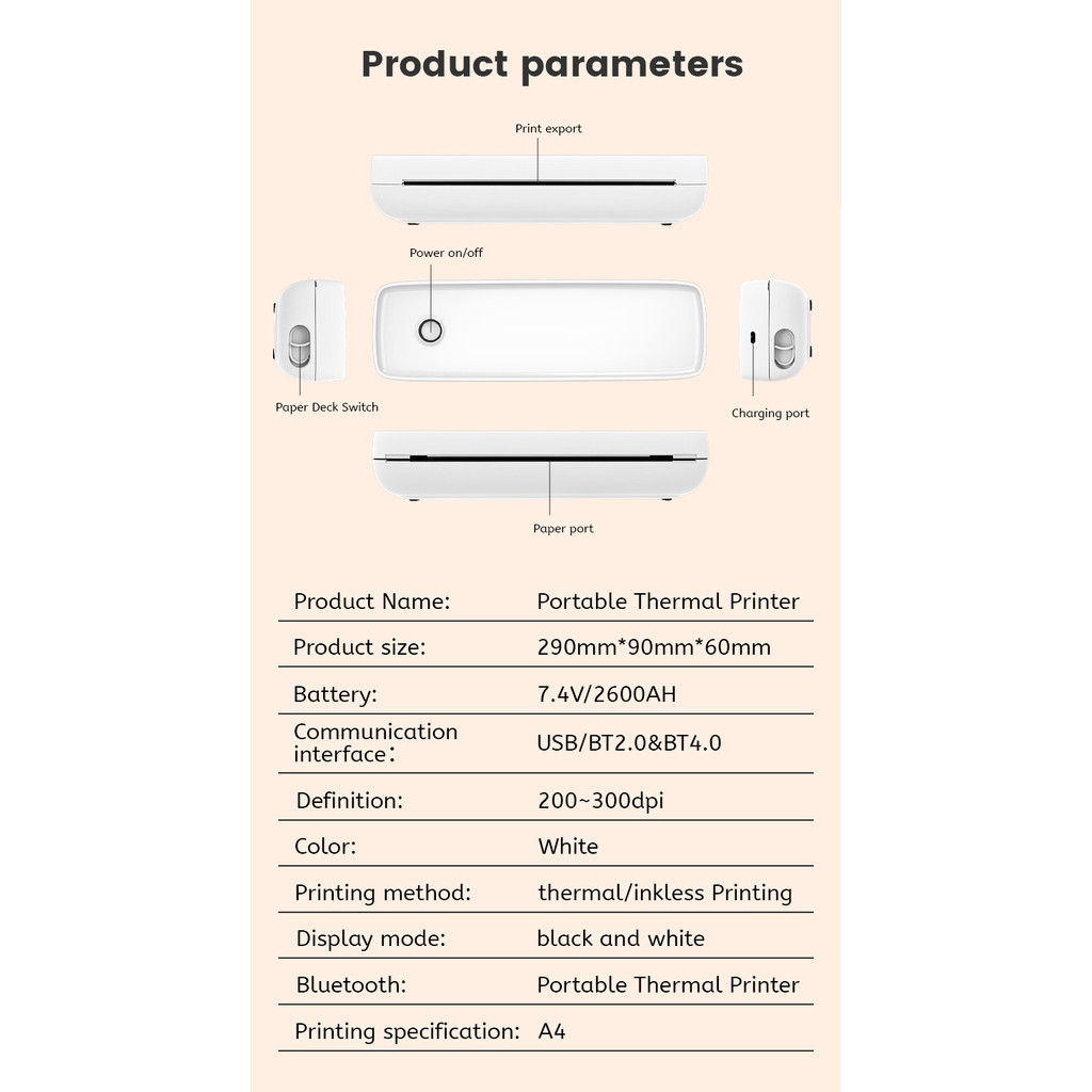 A4 Thermal Printer A80 Portable Printer Rechargeable printer Bluetooth Wireless Support