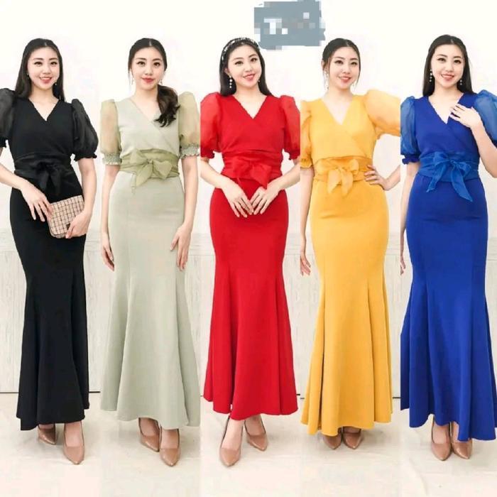 [] LooWear Dress Pesta Wanita Lengan Pendek Puff Bahan Scuba Premium Model Duyung Mermaid Mewah