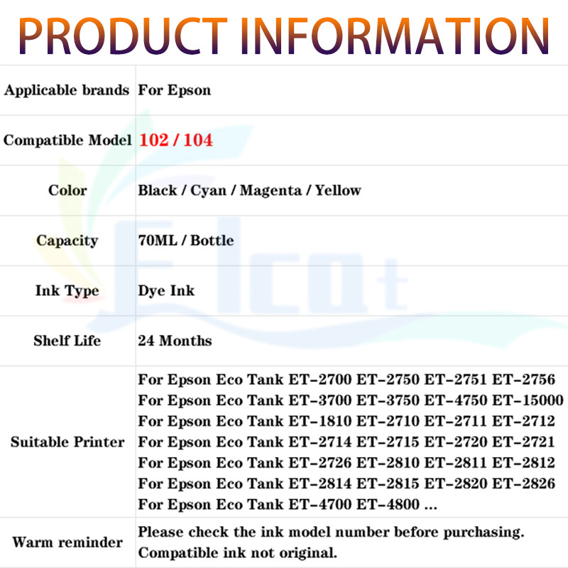 102 104 Ink For Epson T102 T104 Refill Dye ink For Epson ET-2700 ET-2750 ET-2751 ET-2756 2814