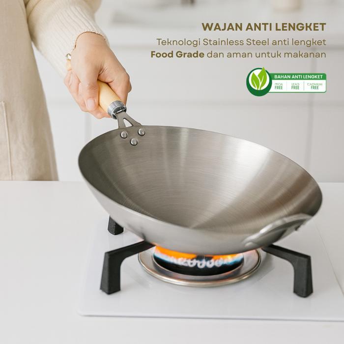 Wok Pan Stainless Steel 304 Profesional Anti Lengket Alami & Aman untuk Semua Kompor
