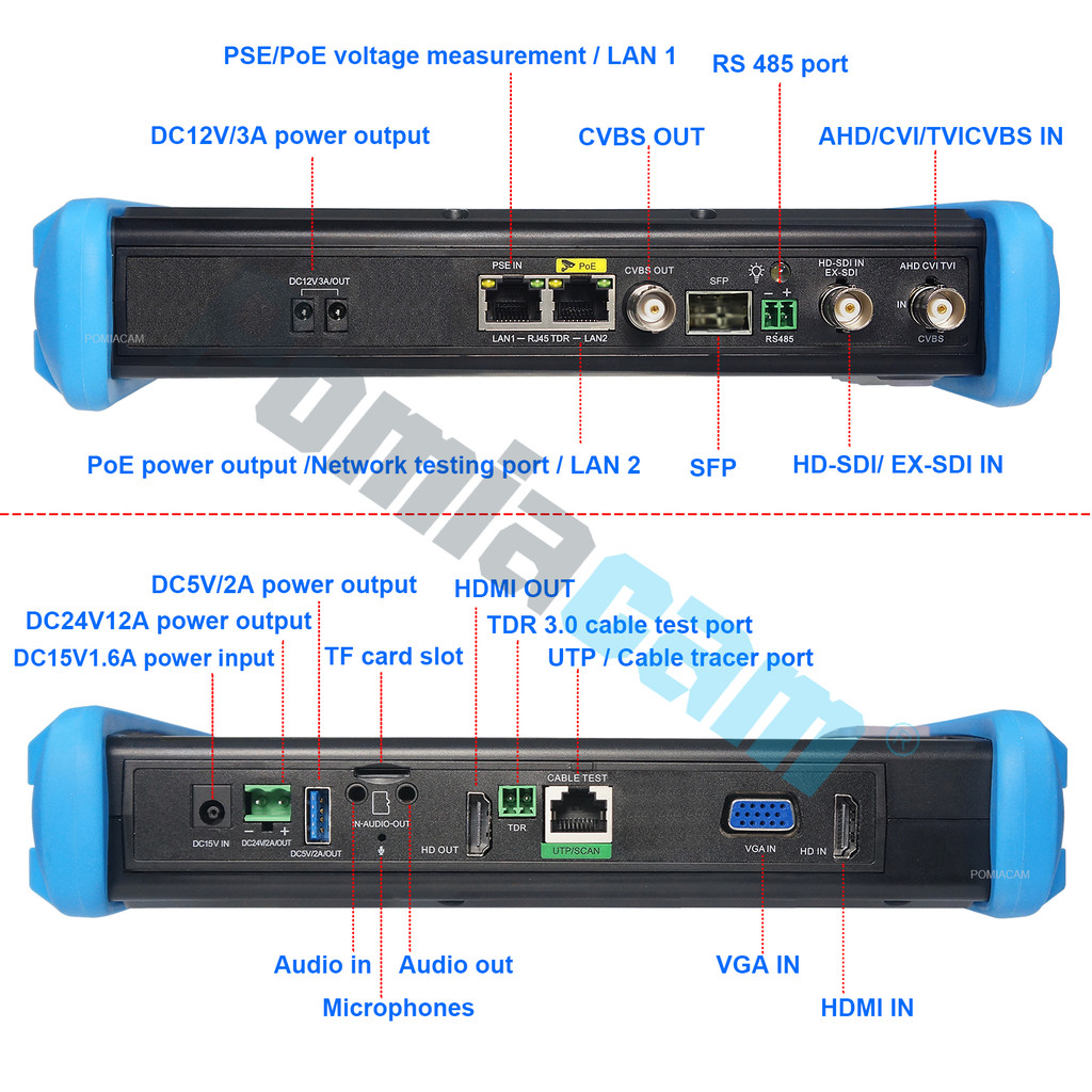 Pomiacam 8K 32MP CCTV Tester, 9800 Pro IP/AHD/TVI/CVI/SDI Camera Tester with PoE, WiFi, Cable Trace,
