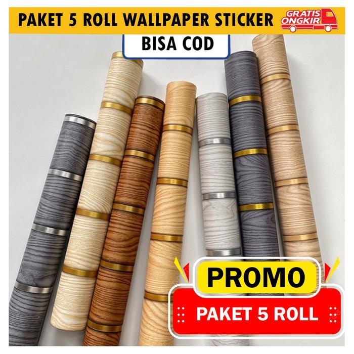 Paket 5 Roll Wallpaper Stiker Dinding Motif Kayu Stripe 3D Pintu PVC GH167 45cm x 4m Dekorasi