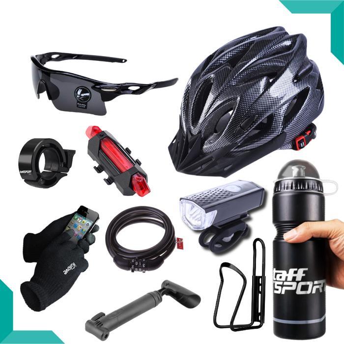 Paket Aksesoris Sepeda Komplit Helm + Kacamata + Lampu + Botol Minum
