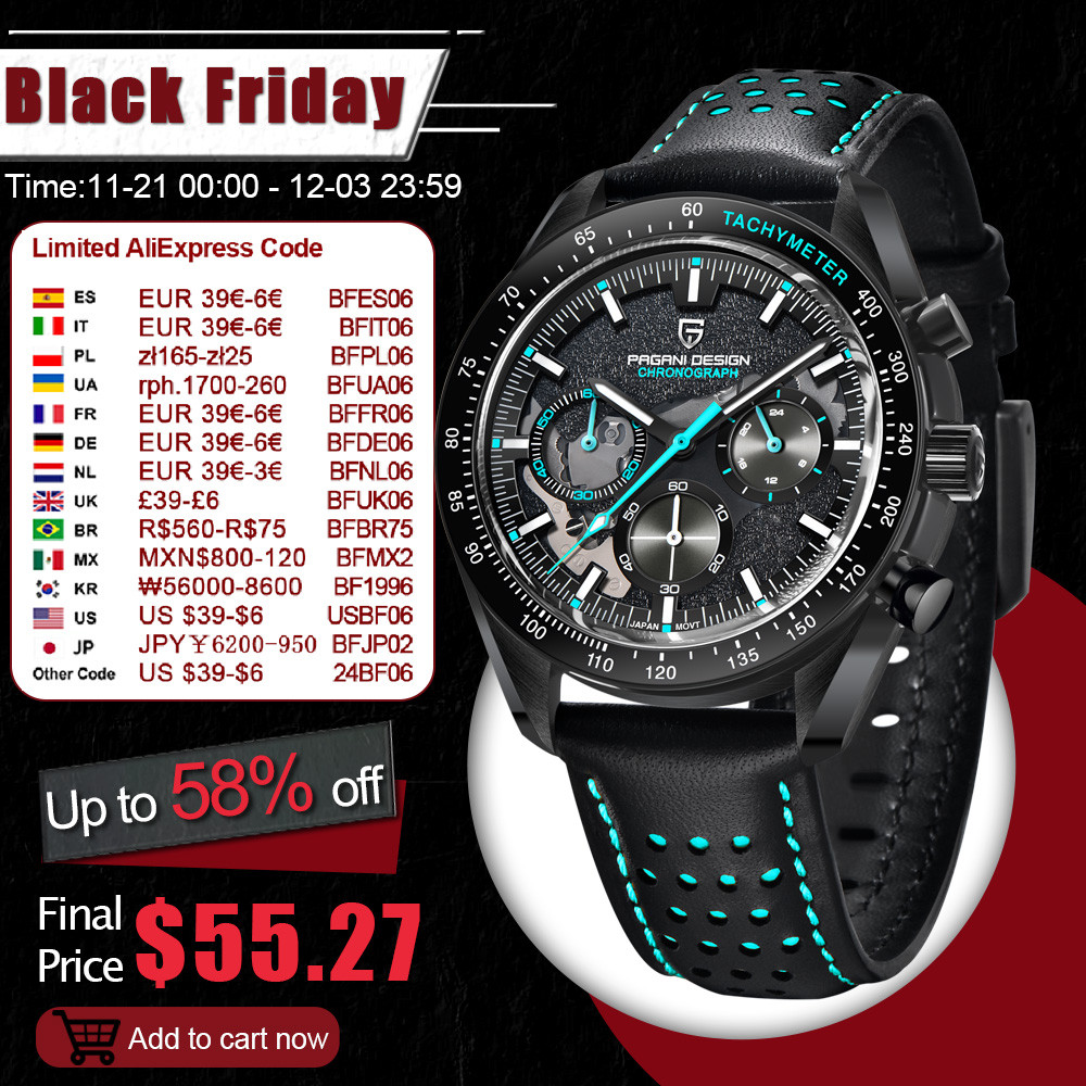 PAGANI DESIGN Moon Watch for Man Fashion Quartz Watch Waterproof Skeleton Sport Chronograph AR