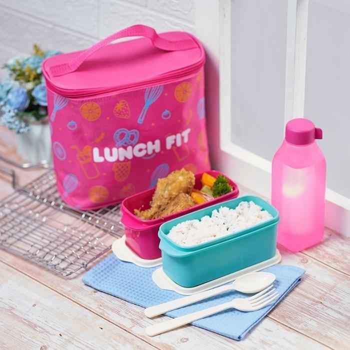 Tas bekal makan set Lunch Fit / Kotak makan beserta tas Lunch box set Plastik Sendok Souvenir Wadah