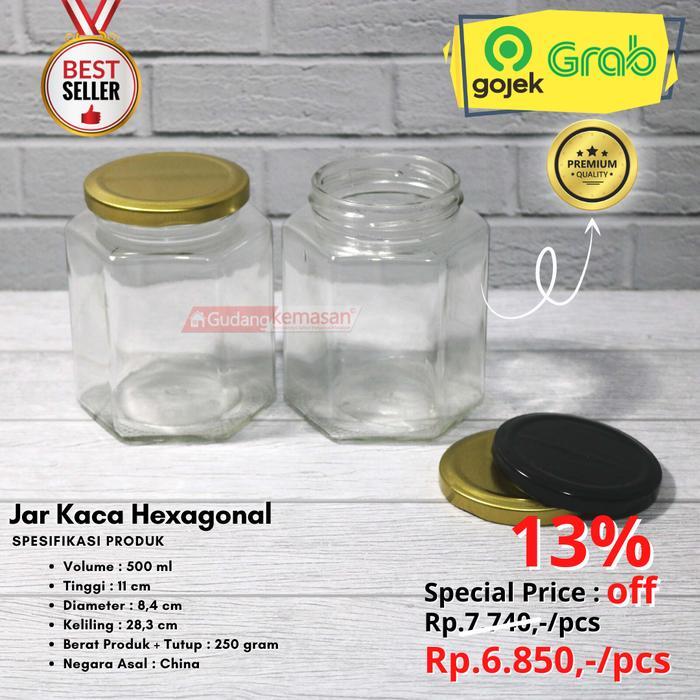 JAR KACA 500ML HEXAGONAL TUTUP KALENG EMAS/HITAM