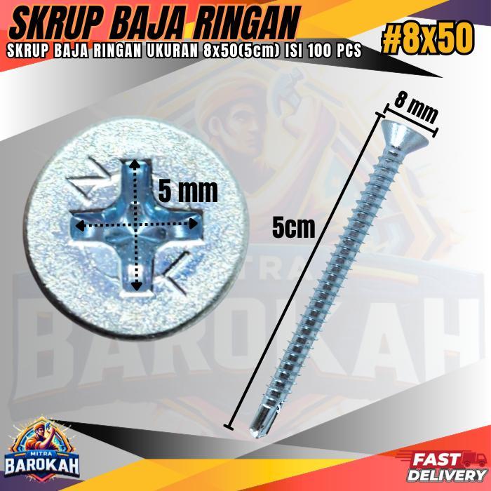 Sekrup Baja Ringan Ukuran 5CM #8X50 1Bungkus isi 100pcs / Skrup baja Ringan, Skrup Roofing Baja