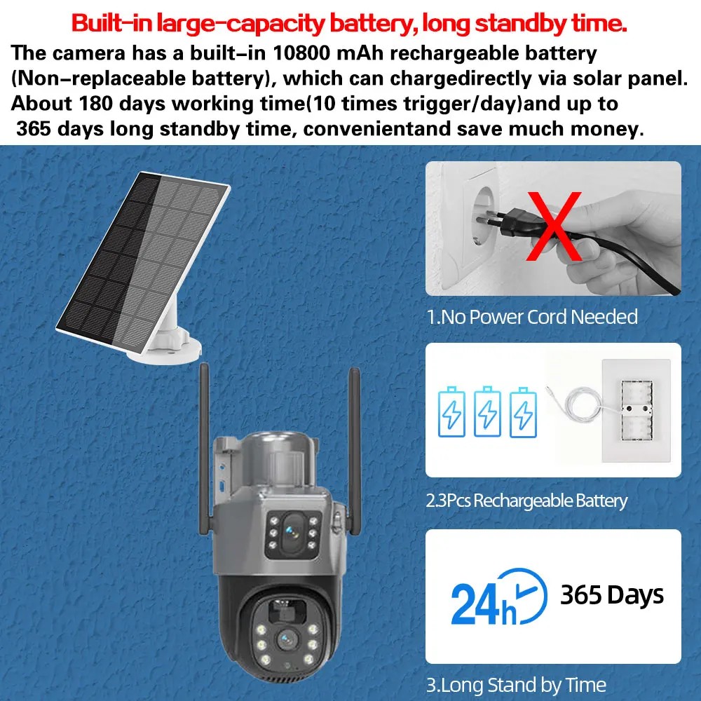 4K Dual Lens Wifi Solar CCTV Camera System 10CH 5MP Wireless NVR Kit 2 Way Audio PTZ IP Security
