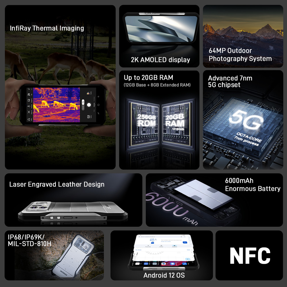 DOOGEE V20 Pro 5G Thermal Imaging Camera 12GB 256GB 6.43'' 2K Display 64MP Camera 6000mAh Battery 33