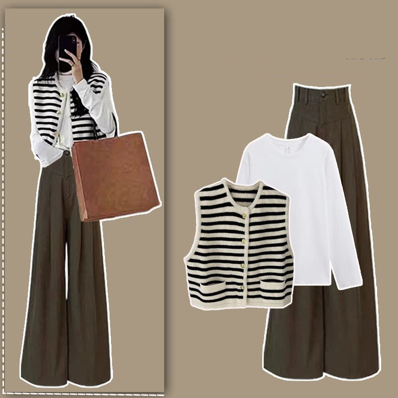 Spring Autumn Suit Women's 2025 New Stripe Knit Vest T-Shirt High Waist Casual Pants Three Piece Set
