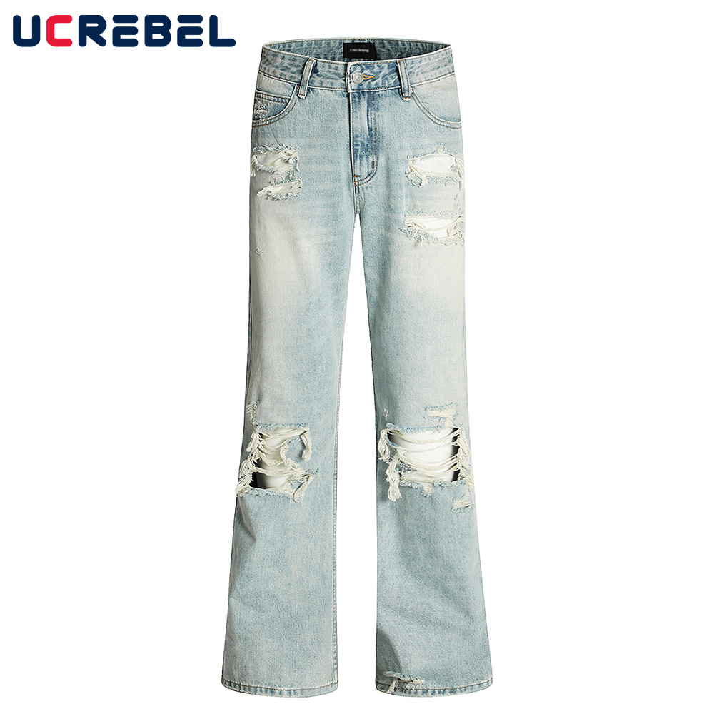 Retro Beggar Jeans Men Pocket High Street Washed Distressed Denim Flare Pants Men Trousers