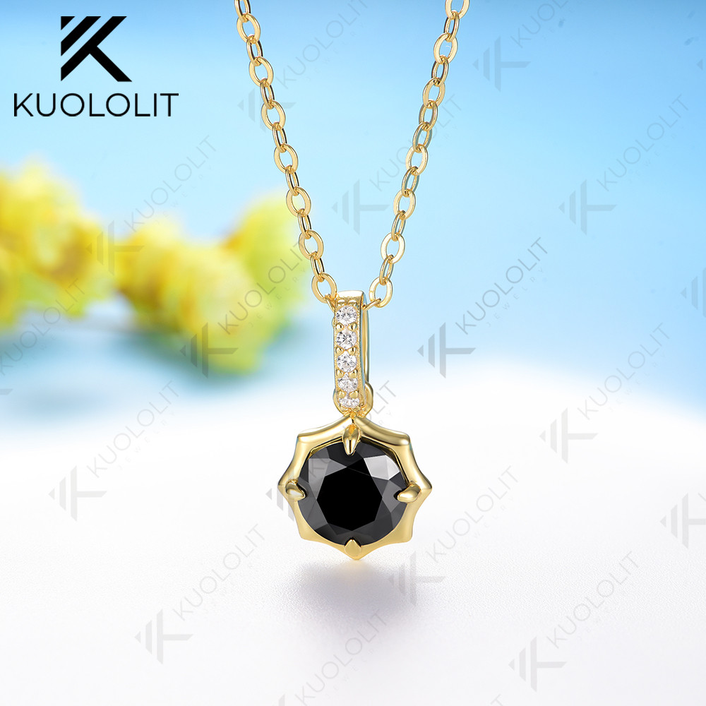 Kuololit 1CT Black Moissanite Necklace for Women Solid 18K 14K 10K 585 Yellow Gold Round Cut