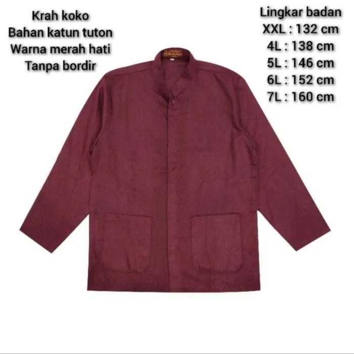 Koko Pria Lengan Panjang Jumbo Big Size Polos Tanpa Bordir Warna Merah Hati / Marun Bahan Katun Two
