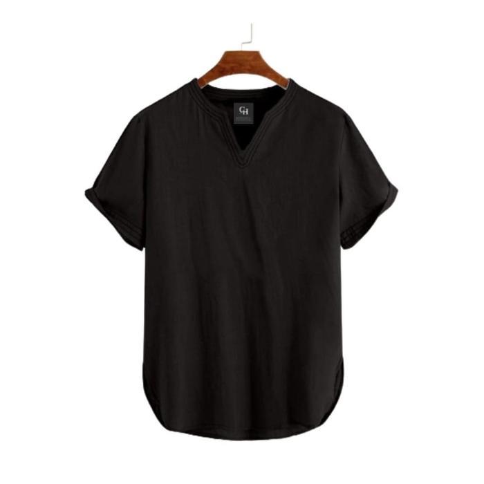 Koko Pria Muslim Lengan Pendek Putih V-Neck Kemeja Kurta Casual Formal