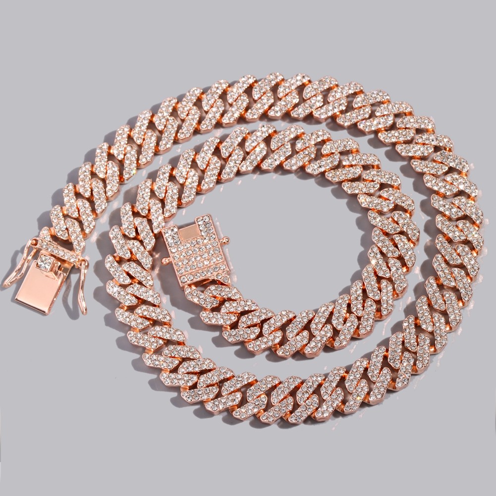12MM Rose Gold Color Miami Cuban Link Chain Necklace Iced Out Bling Rhinestone Cuban Choker Necklace
