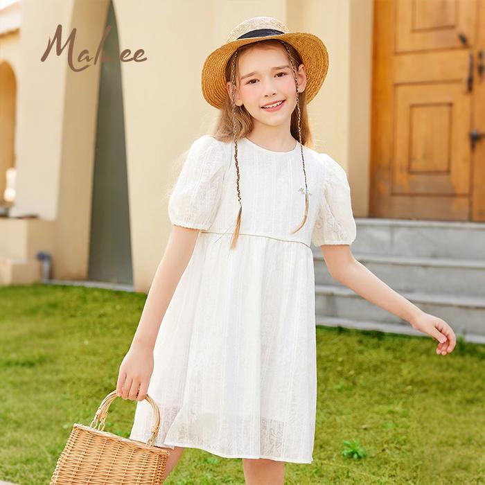 Ready StockMalwee 2-10 Tahun Dress Anak Perempuan Putih Brokat Motif Lembut Model Puff Sleeve Ukuran